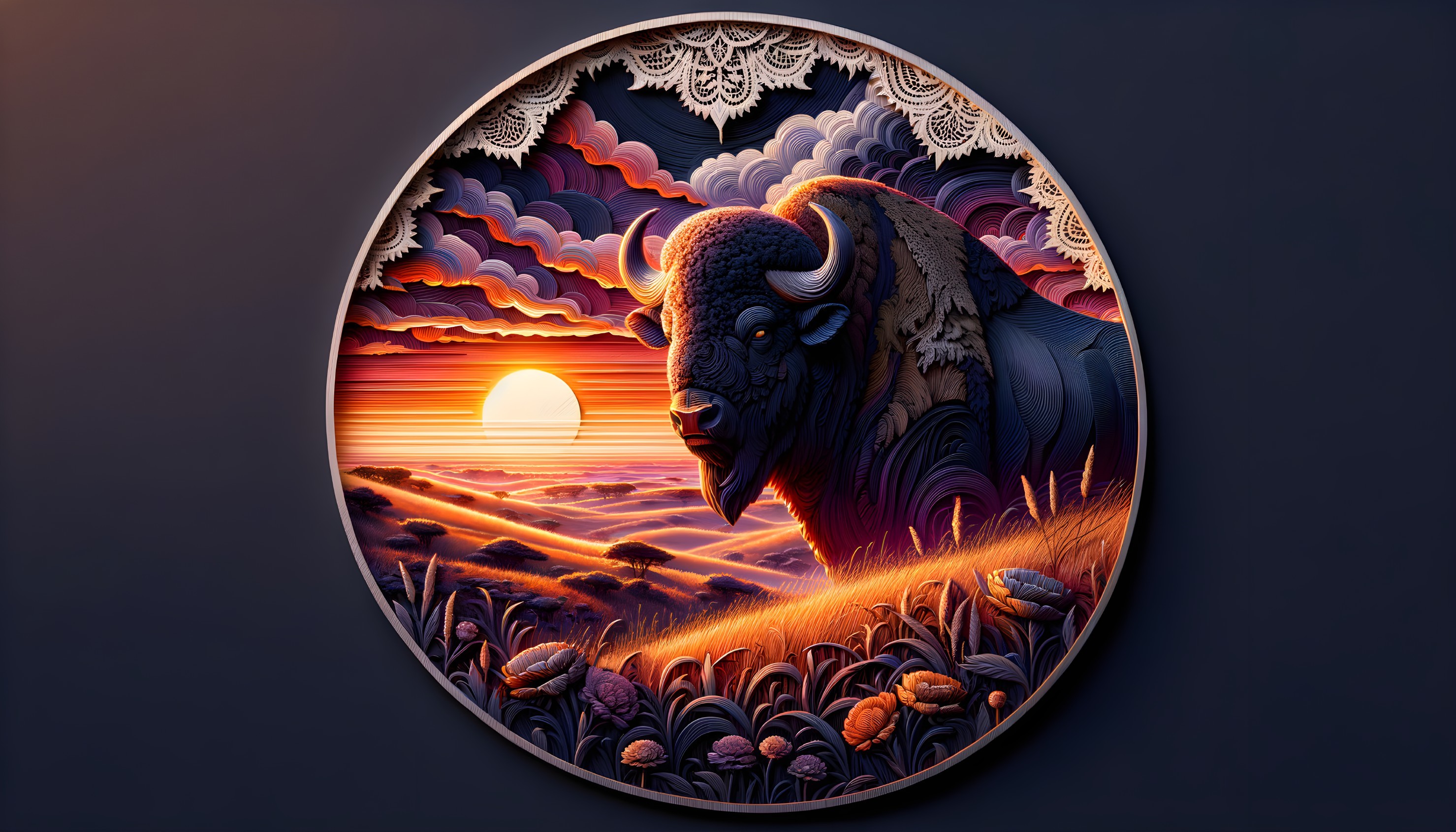 Bison in Profile Against a Vibrant Sunset Landscape