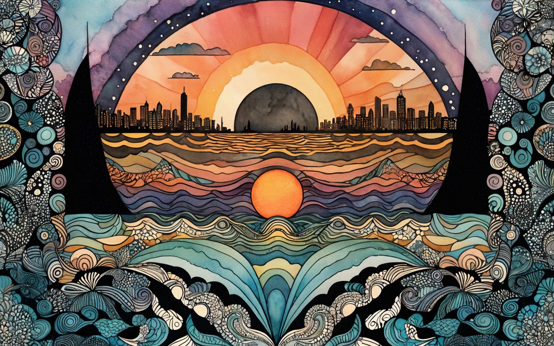 Vibrant Watercolor Sunset with City Skyline and Patterns