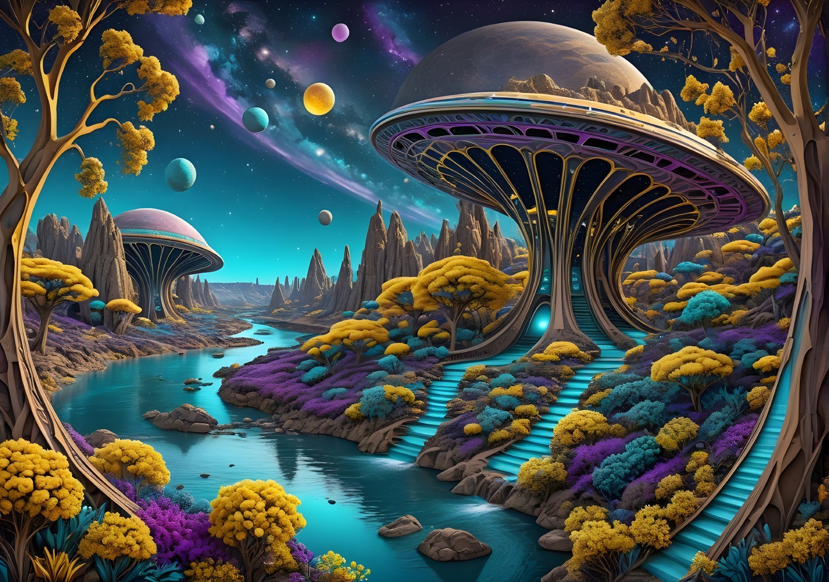 Futuristic Alien Landscape with Colorful Flora and Structures