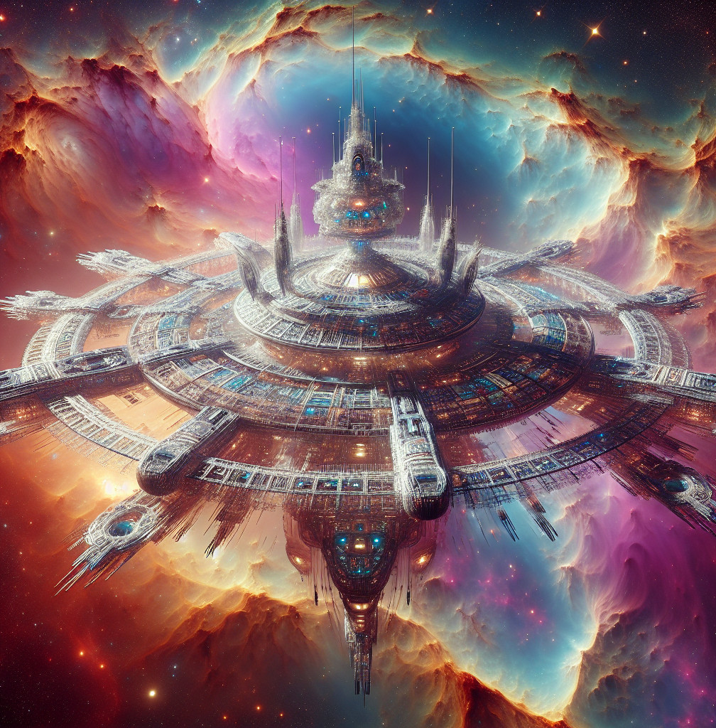 Futuristic Space Station Amidst Colorful Nebula