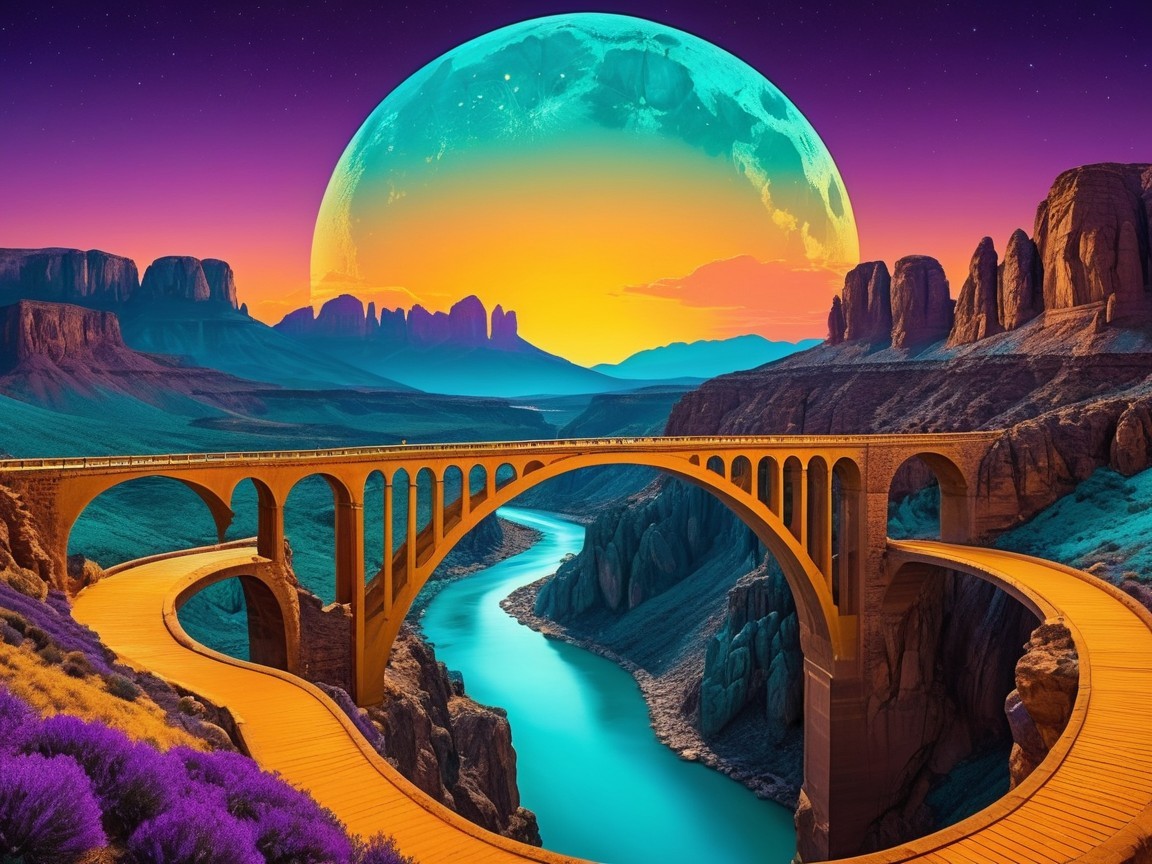 Surreal Landscape with Bridge and Luminous Moon