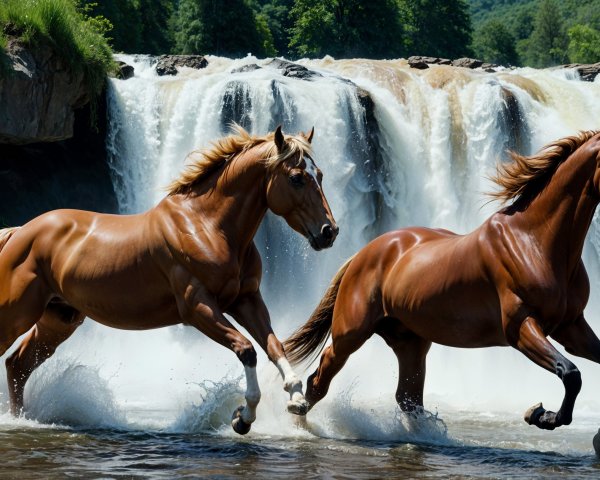 Chestnut Horses Galloping Through a Shallow River