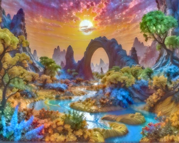 Vibrant Fantasy Landscape with Colorful Mountains and River