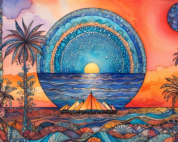 Vibrant Sunset Over Ocean with Sailboats and Palms