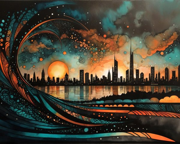 Vibrant City Skyline at Sunset with Reflective Water