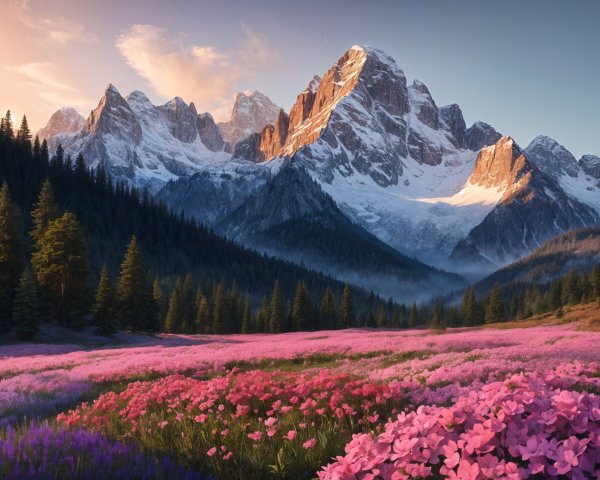 Snow-Capped Mountains and Wildflower Meadow Landscape