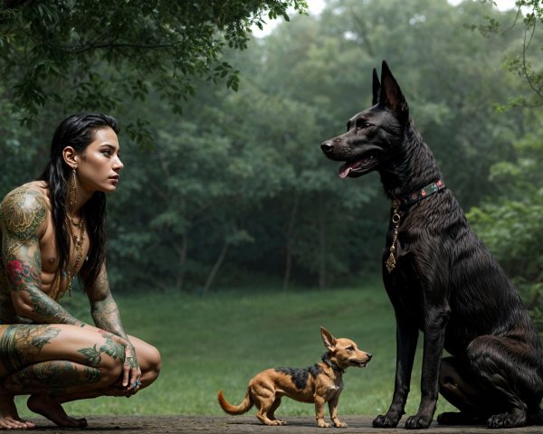 Tattooed Individual with Dogs in Serene Forest Setting