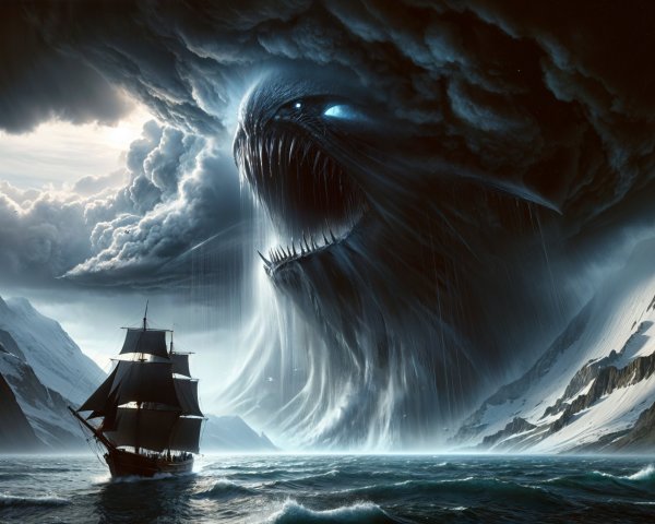 Dramatic seascape with monstrous creature and ship