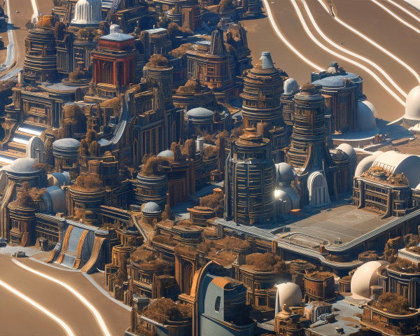 Futuristic Cityscape with Greenery and Curved Pathways