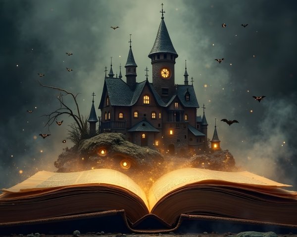 Ancient Book and Enchanted Castle in Mystical Scene