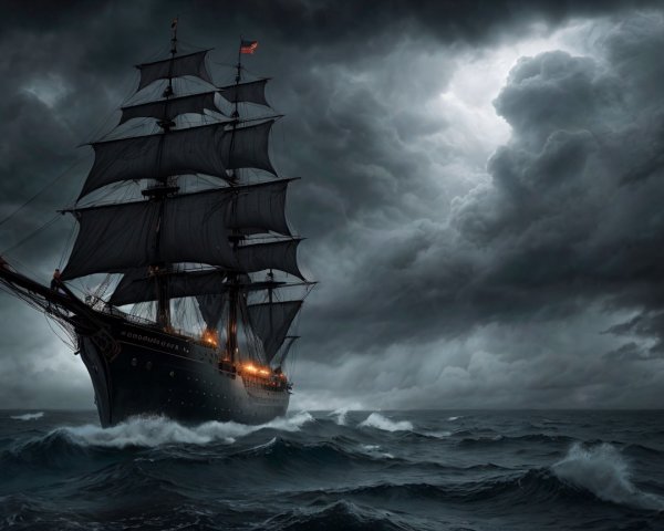 Majestic sailing ship in stormy seas with dark sails