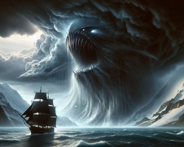 Ship in Turbulent Waters Under Ominous Clouds