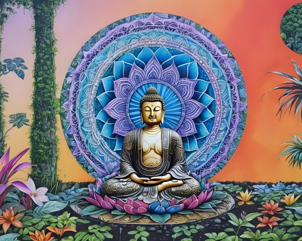 Buddha Figure in Meditative Pose with Mandala Patterns
