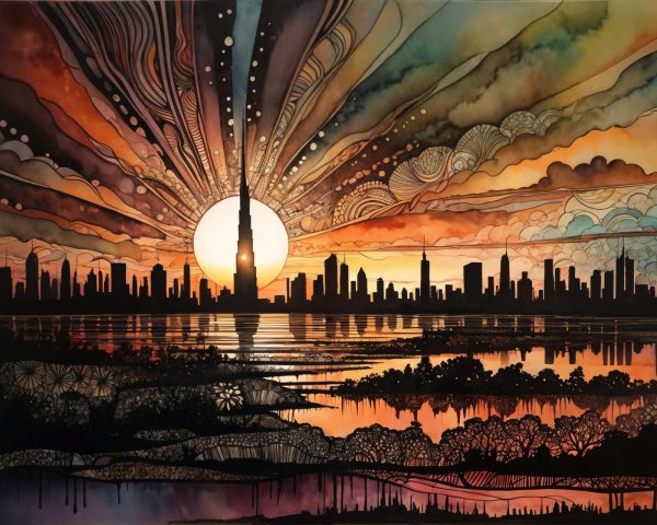 Vibrant Sunset Skyline with Tower and Reflections