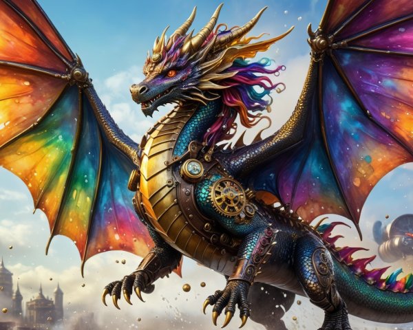 Majestic Dragon with Steampunk Armor and Vibrant Sky