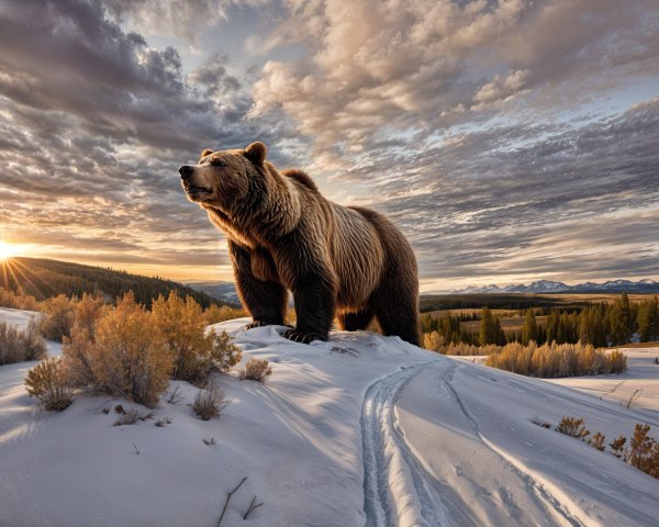 Grizzly Bear on Snowy Ridge at Sunset Scene