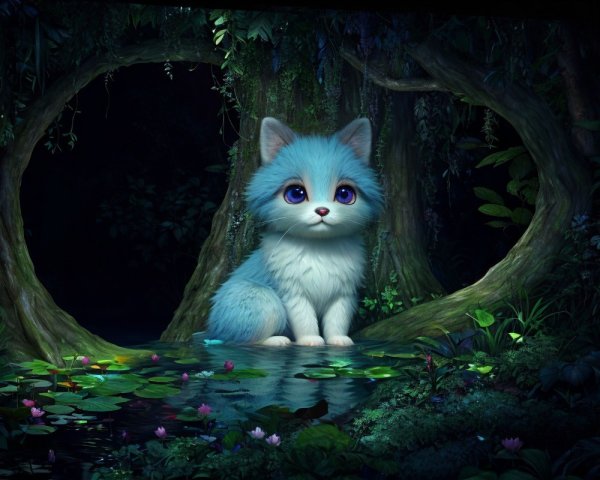 Whimsical Blue Kitten by Serene Pond at Night