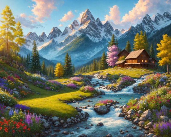 Majestic Mountains and Serene Stream in Idyllic Landscape