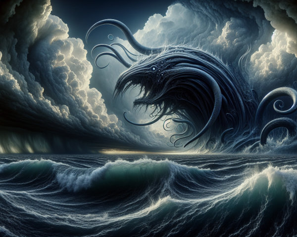 Colossal Sea Creature in Stormy Sky and Turbulent Ocean