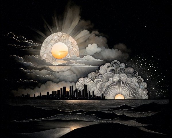 Serene night scene with city skyline and rising sun
