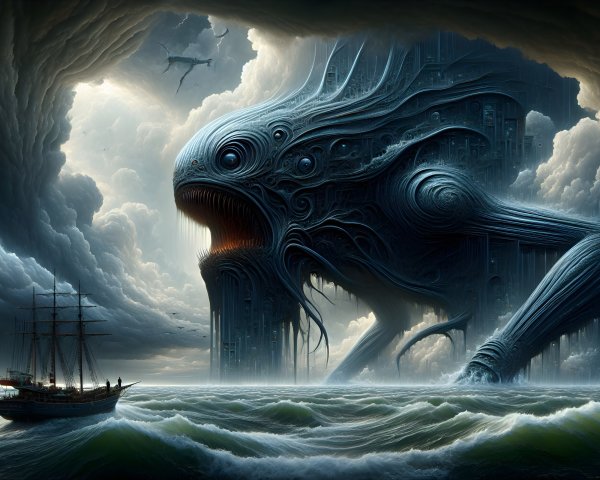 Surreal Sea Creature and Vintage Ship in Ominous Scene