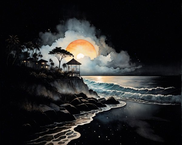 Coastal Night Scene with Moonlit Ocean and Gazebo