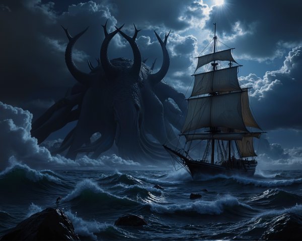 Sailing Ship in Dark Waters with Ominous Creature