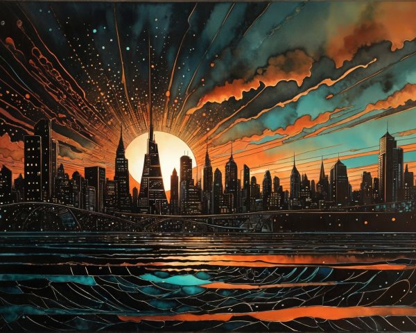 Vibrant Sunset Skyline with Skyscrapers and Reflections