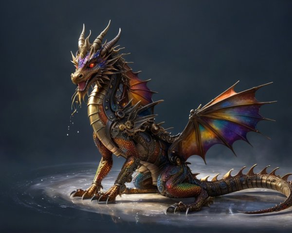 Majestic Steampunk Dragon with Vibrant Iridescent Wings
