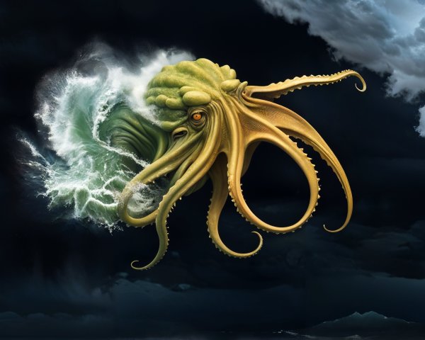 Colossal Octopus in Stormy Ocean Waves Scene