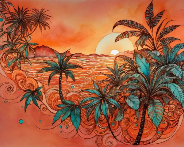 Vibrant Sunset Over Stylized Ocean with Palm Trees