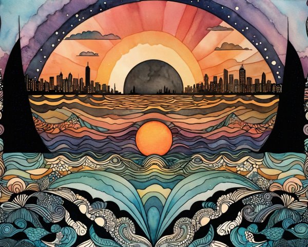 Vibrant Watercolor Sunset with City Skyline and Patterns