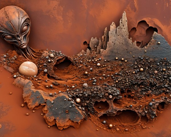 Otherworldly Landscape with Alien Figure and Terrain