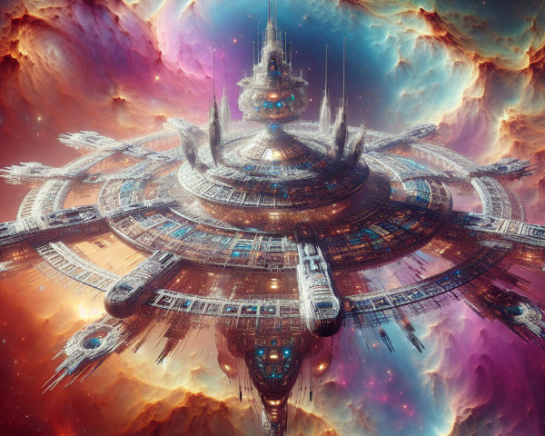 Futuristic Space Station Amidst Colorful Nebula