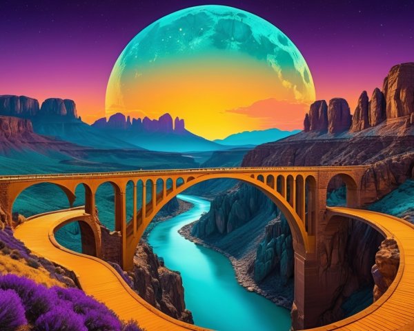 Surreal Landscape with Bridge and Luminous Moon