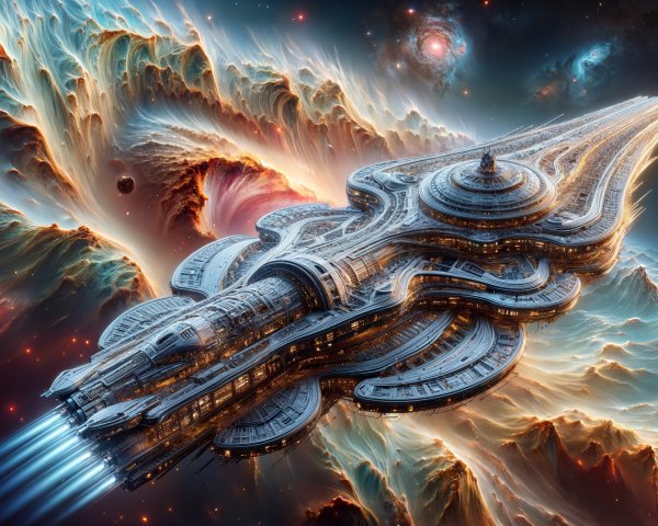 Futuristic spacecraft in vibrant cosmic landscape