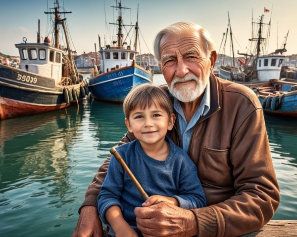 Elderly man and boy on dock at sunset harbor
