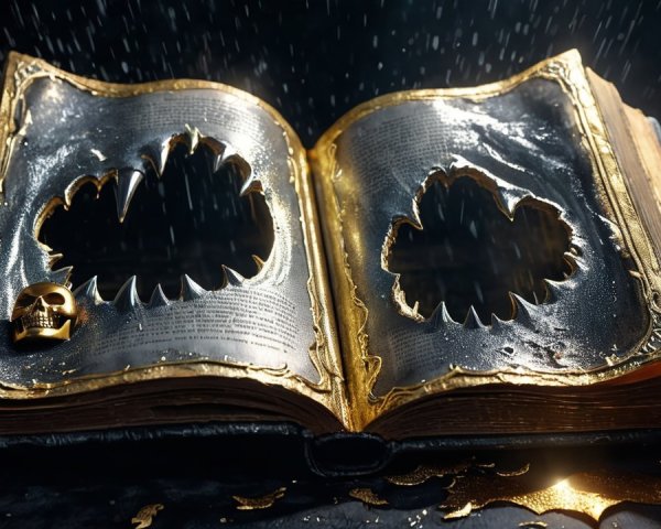 Gilded Book with Ornate Cutouts and Skull Detail