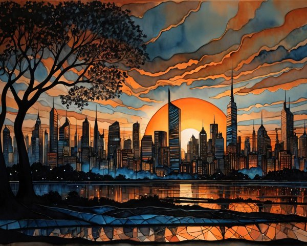Vibrant Sunset Over City Skyline with Reflective Water