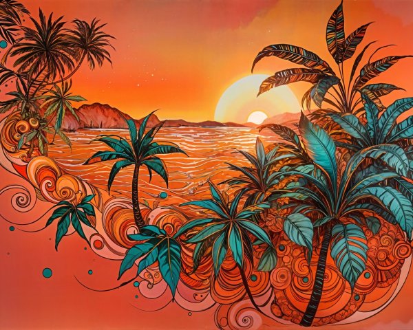 Tropical Sunset with Palm Trees and Ocean Waves