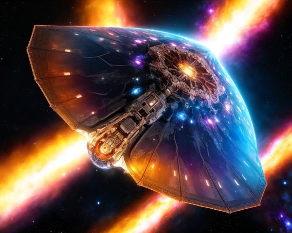 Futuristic spacecraft with vibrant lights in space