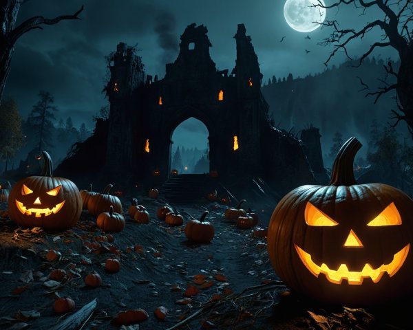 Halloween Scene with Full Moon and Ancient Castle
