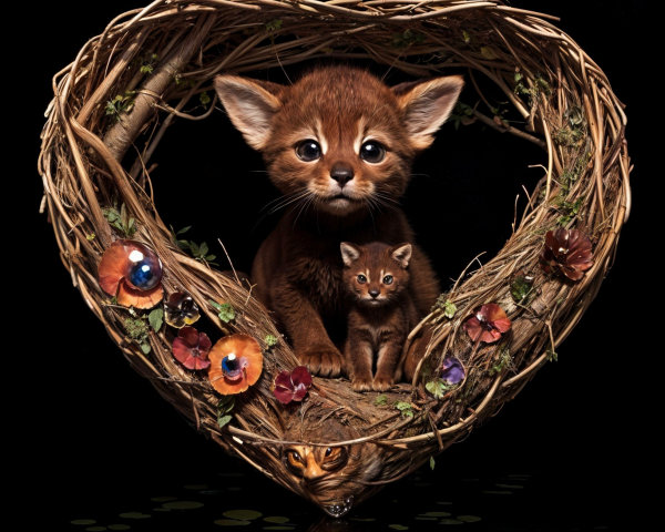 Heart-Shaped Nest with Kittens and Colorful Decor