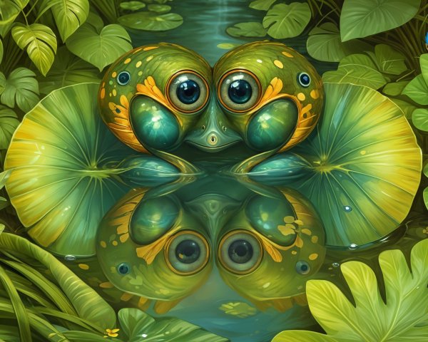 Quirky Frogs on Lily Pads in a Lush Jungle Setting