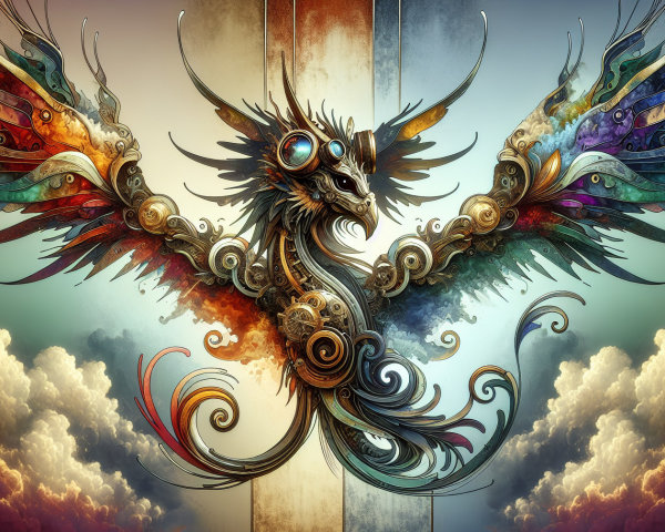 Vibrant Phoenix with Colorful Wings and Cloud Backdrop