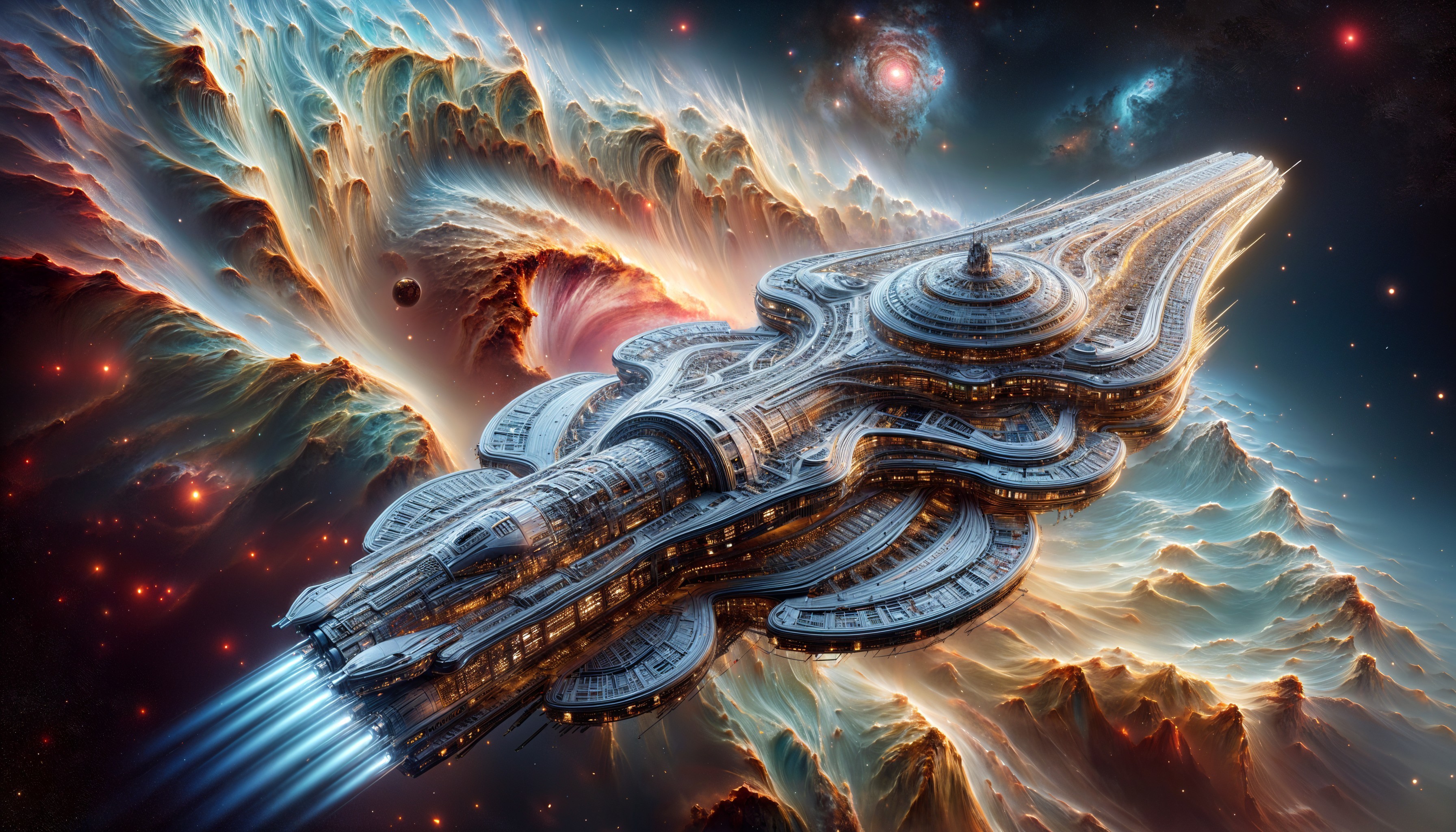 Futuristic spacecraft in vibrant cosmic landscape