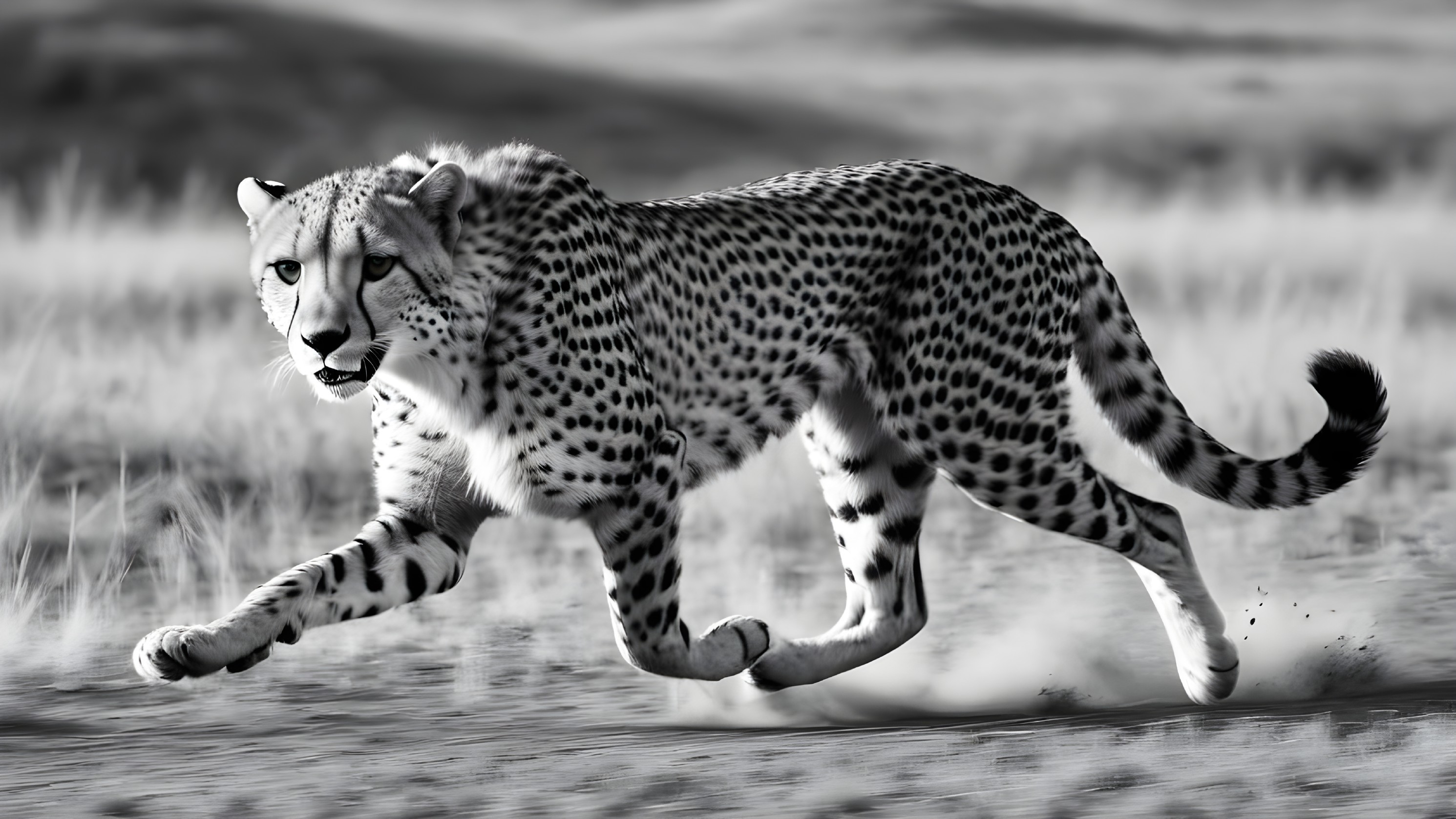 Cheetah Sprinting Across Blurred Open Landscape