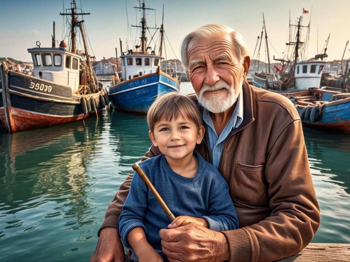 Elderly man and boy on dock at sunset harbor