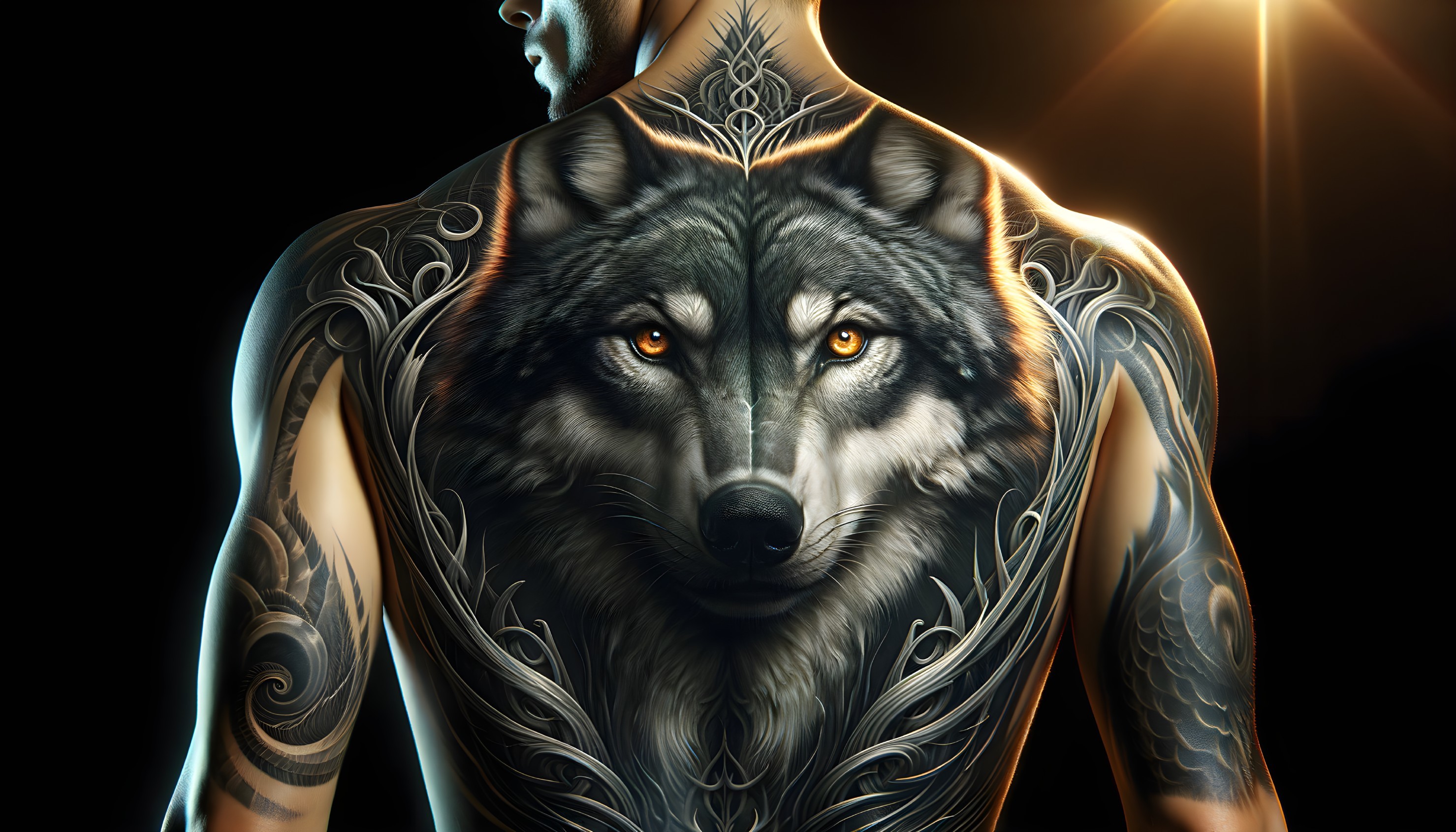 Muscular Back with Detailed Wolf Tattoo and Tribal Art