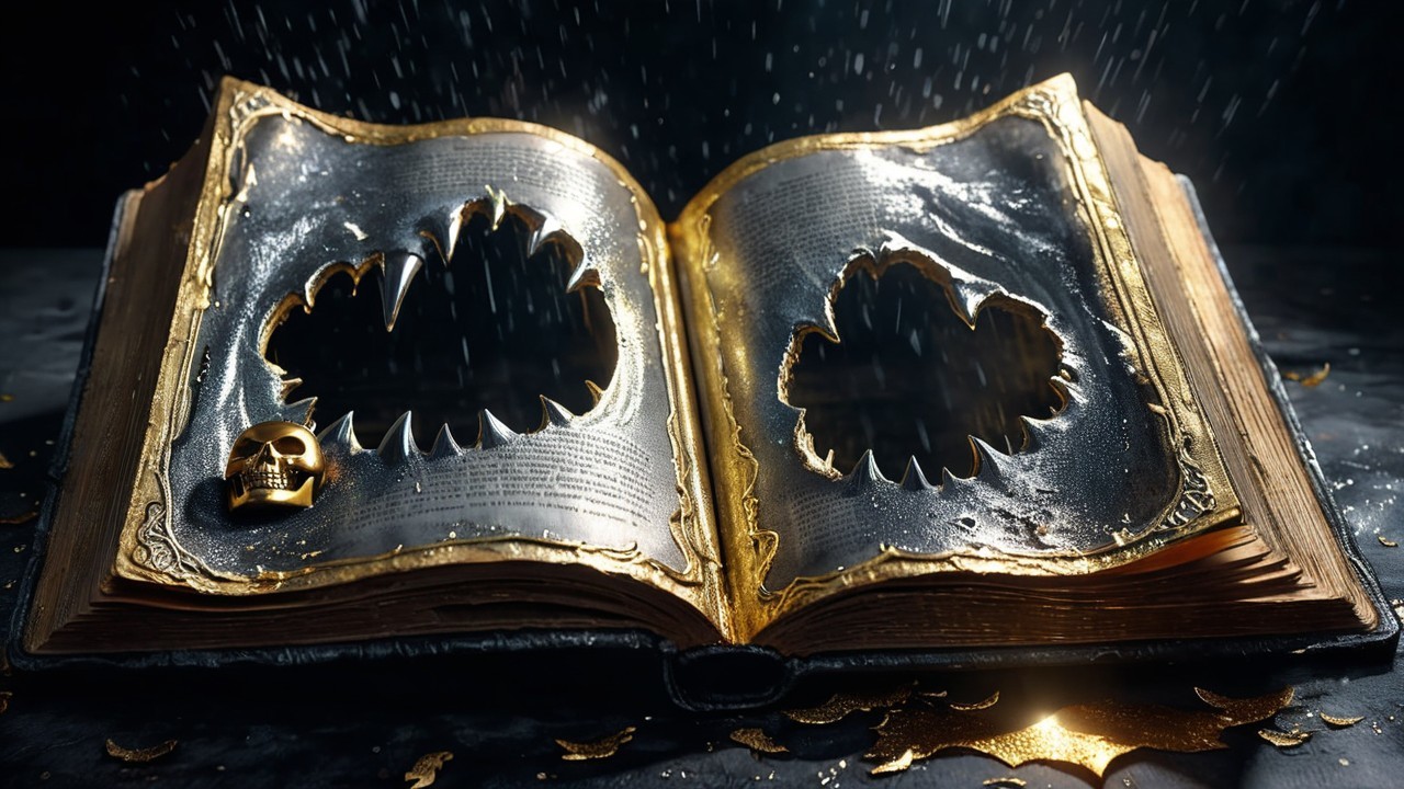 Gilded Book with Ornate Cutouts and Skull Detail